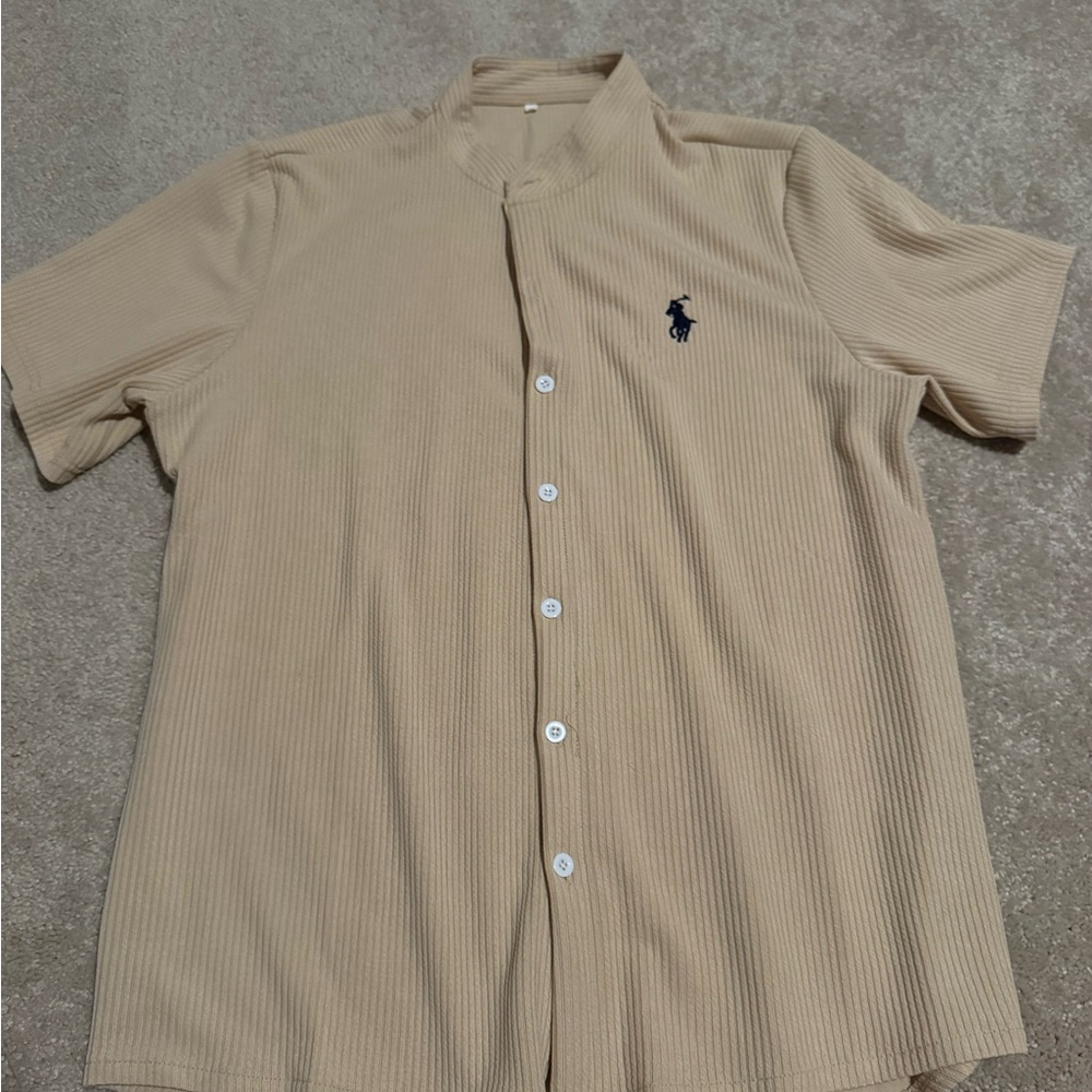 Polo by Ralph Lauren Tan Ribbed Short-Sleeve Button-Down Shirt